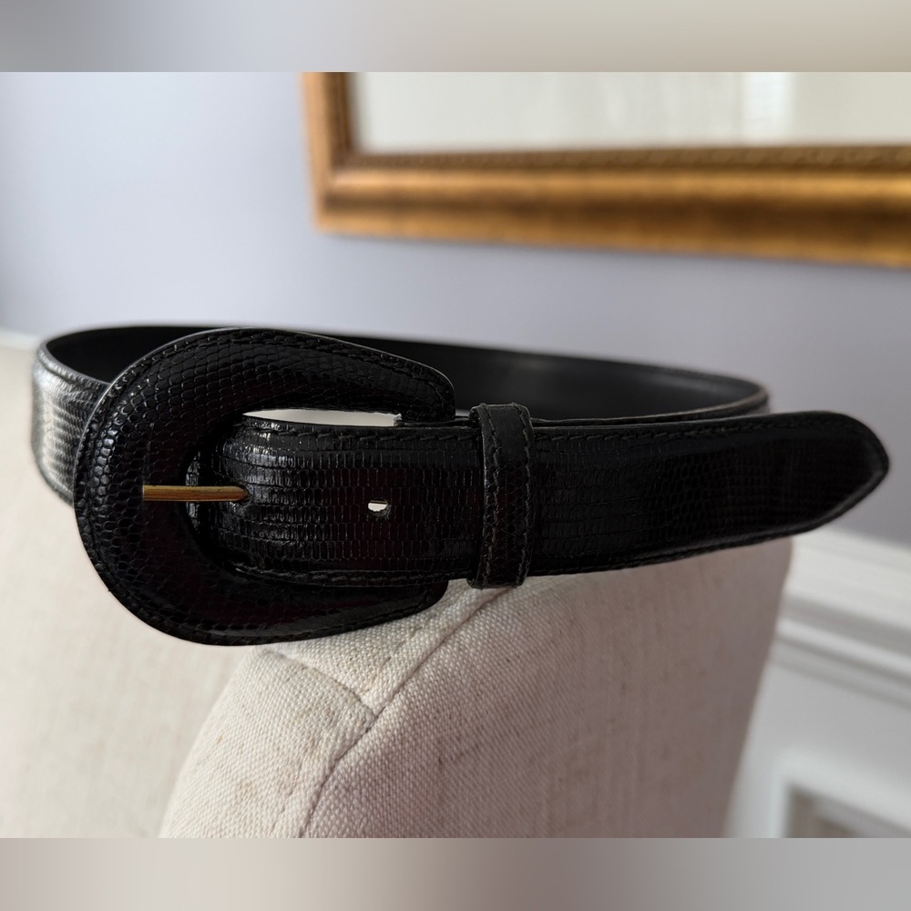 Genuine Lizard Black Textured Belt Size 28 Brass Buckle Made in Italy